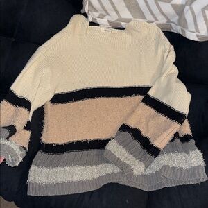 Umgee Cream, Black, and Gray Striped Sweater